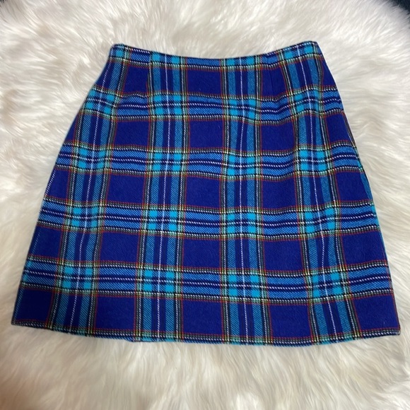 #0071 NEW YORK & CO Wool Blend Blue Plaid Wrap Skirt Mini-4 - Picture 8 of 10